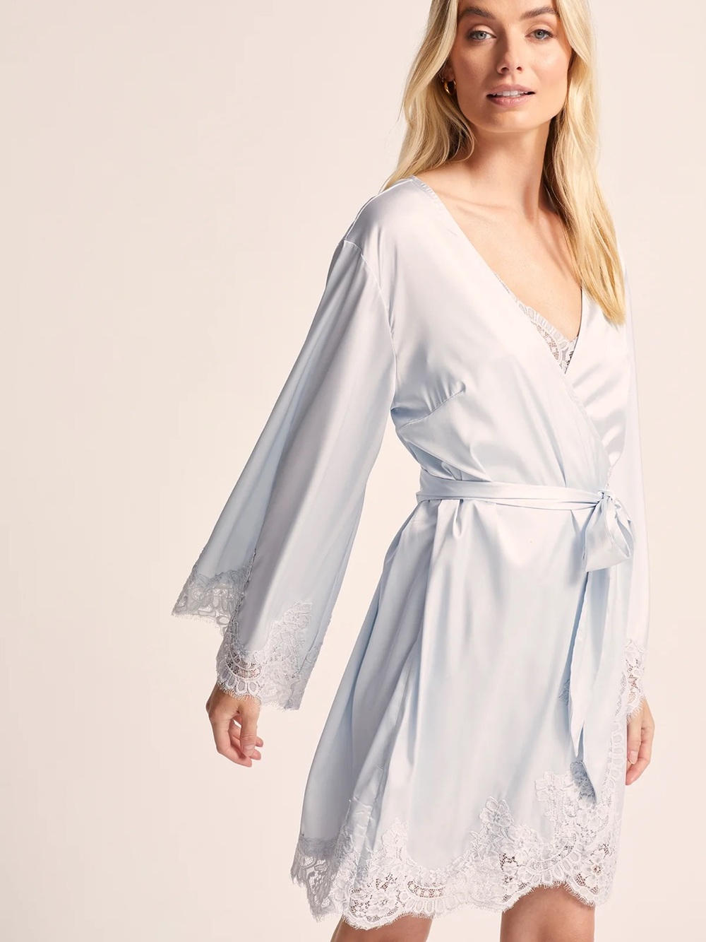 Light Blue Homebodii Sian Short Satin lace Wrap Robe - NWT